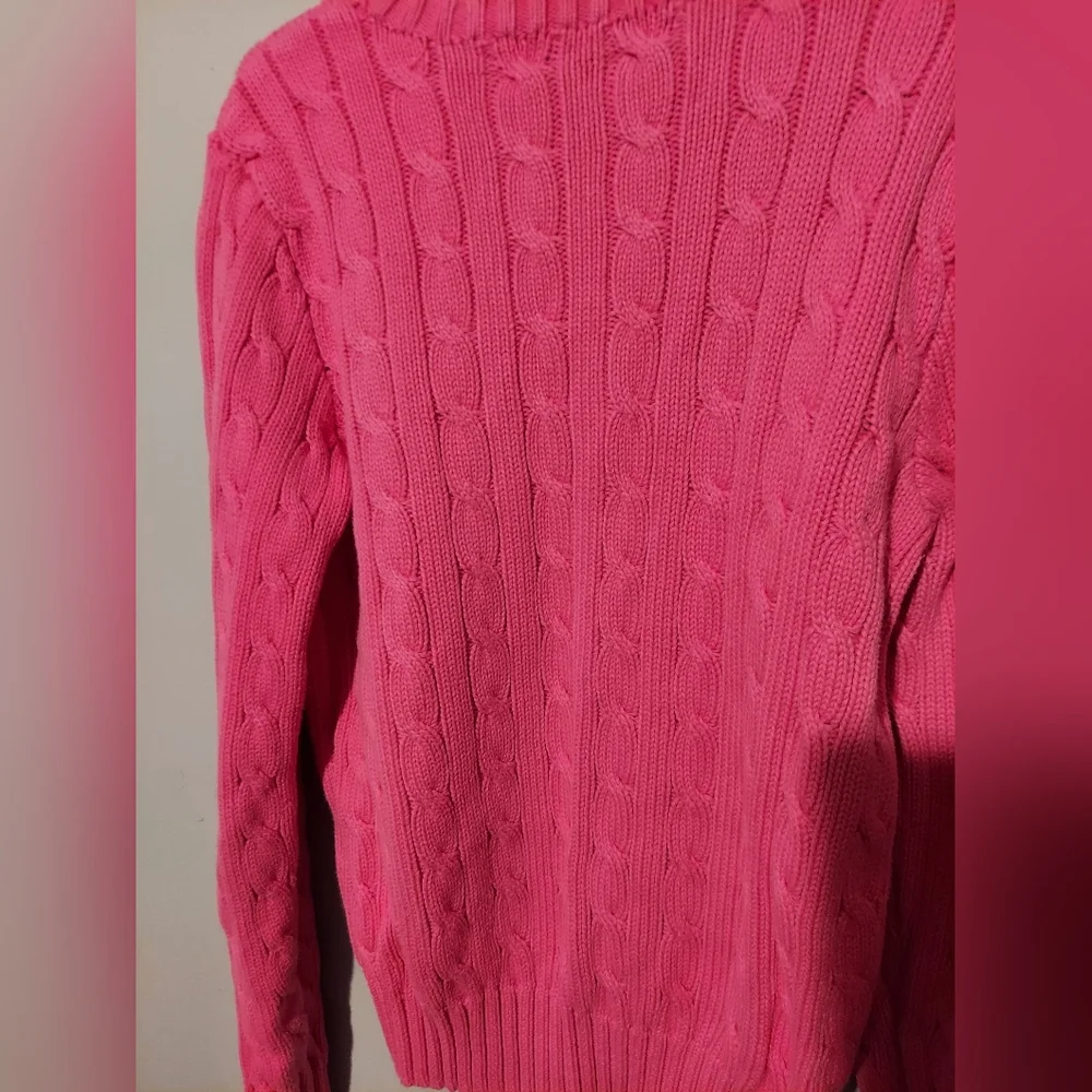 Ralph Lauren Sport  Cable Knit Sweater Crew Neck Pink Youth Girl Sz Small Pony